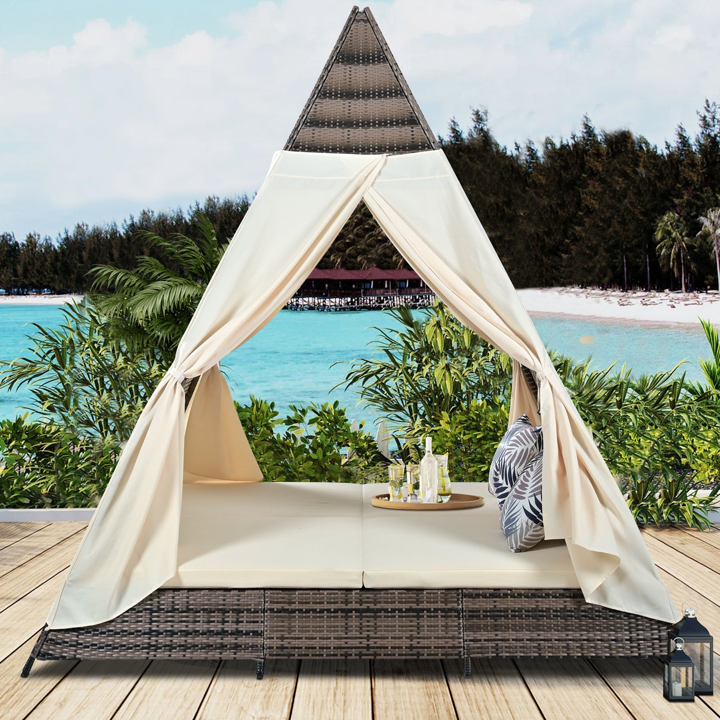 Syngar Outdoor Patio Sunbed with Removable Curtain, All Weather PE Wicker Tent-Shaped Daybed with Beige Cushions and Colorful Pillows, Patio Furniture Set for Garden Porch Deck Poolside