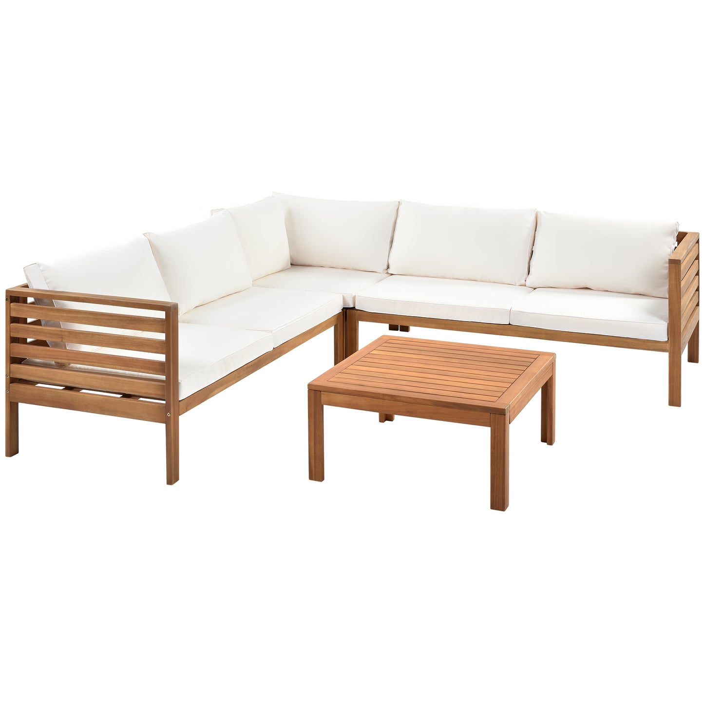4 Piece Wood Patio Furniture Set, Outdoor Seating Chat Set with Beige Cushions, Sectional Conversation Sofa Chairs Set with Coffee Table, for Balcony, Backyard, Poolside, Deck, Garden, D7487