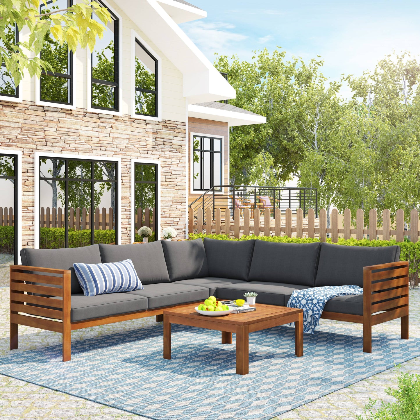 Outdoor Sofa Chairs Set, SYNGAR Patio Wood Furniture Set with Gray Cushions, 4 Piece Conversation Sofas with Two-Person Sofas, Coffee Table, Corner Sofa, for Backyard, Poolside, Deck, Balcony, D7478