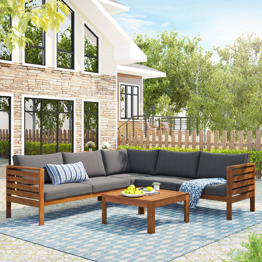 Syngar Outdoor Sofa Chairs Set, Patio Metal Furniture Set with Brown Cushions, 7 Piece Conversation Sofas with Corner Sofas, Armless Sofa and Coffee Table, for Backyard, Poolside, Deck, Balcony