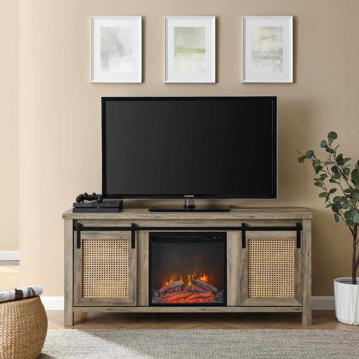 Modern TV Stand with Fireplace, Retro Farmhouse Fireplace TV Cabinet for TVs up to 65 inches with Storage, Entertainment Console TV Stand, for Living Room, Bedroom, Espresso, D3191