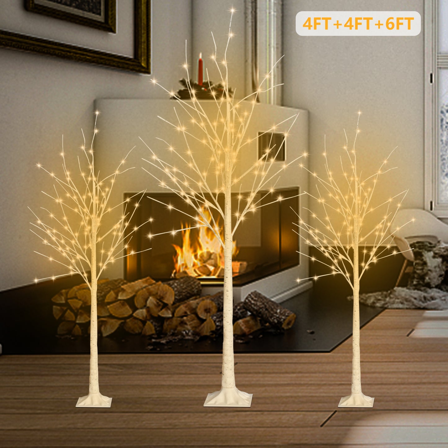 4ft, 4ft and 6ft Birch Tree, Set of 3, Birch Tree with Warm White LED Lights, for Christmas Decoration, Fits for Indoor Outdoor Garden Party Wedding, Lighted Christmas Tree for Home, D4005