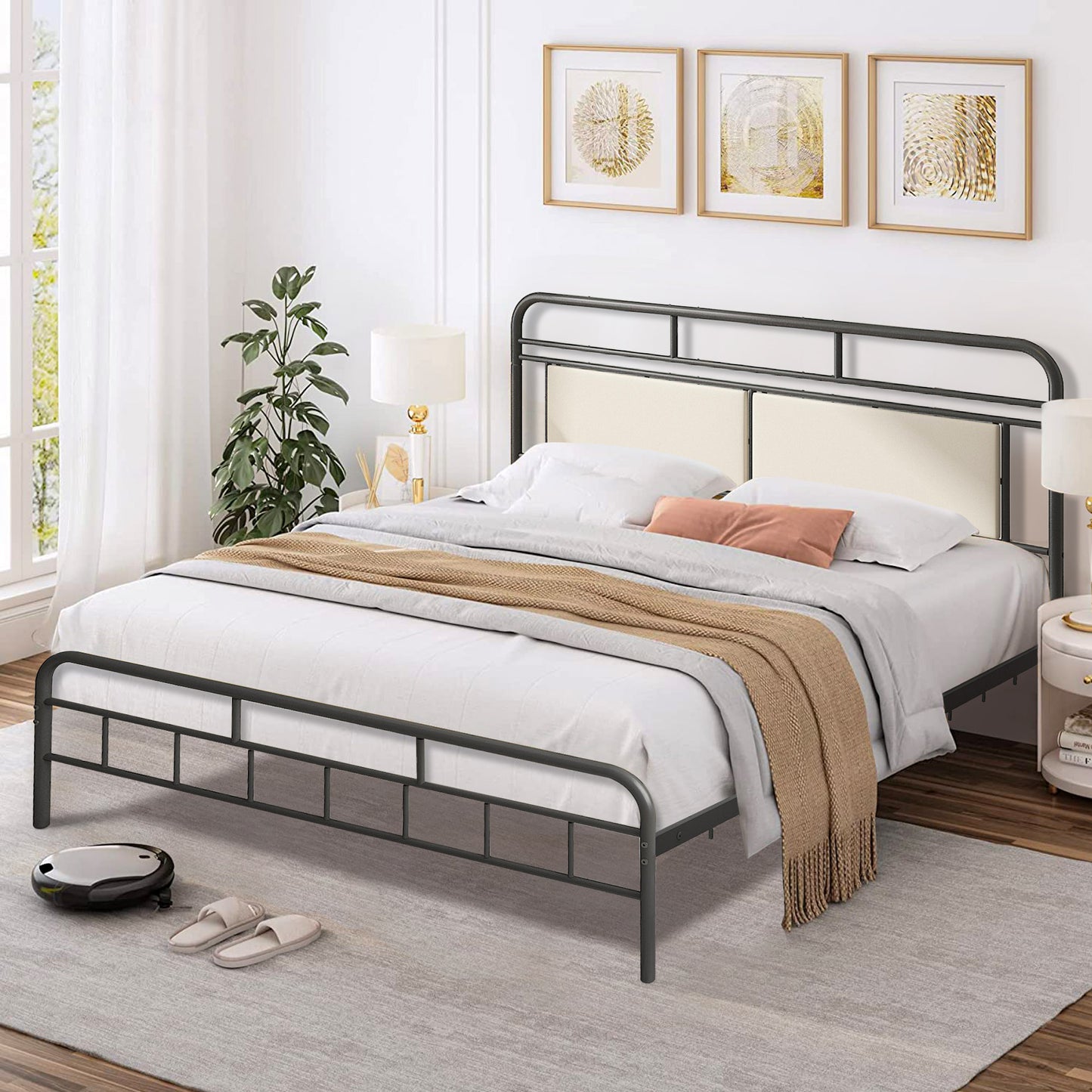 SYNGAR Black Queen Platform Metal Bed Frame with Upholstered Headboard and Footboard, Vintage Style Mattress Foundation with Large Under Bed Storage, No Box Spring Required, Easy Assembly