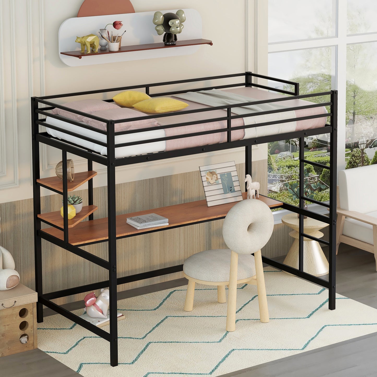 Twin Loft Bed Frame with Desk for Teens Kids, Classic Metal Bed Frames in Twin with Desk Ladder and Guardrails, Kids Bed Frame, Black, LJ503