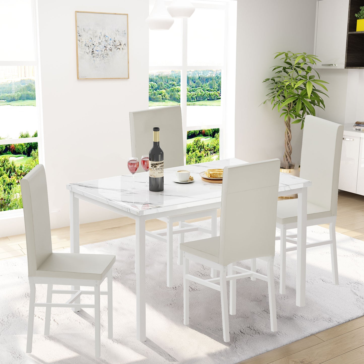 Modern Dining Table Set for 4, SYNGAR Faux Marble Table and PU Leather Upholstered Chairs Set, 5 Piece Kitchen Dining Set, Dining Table and Chairs Set for Small Space, Breakfast Nook, White, D8528