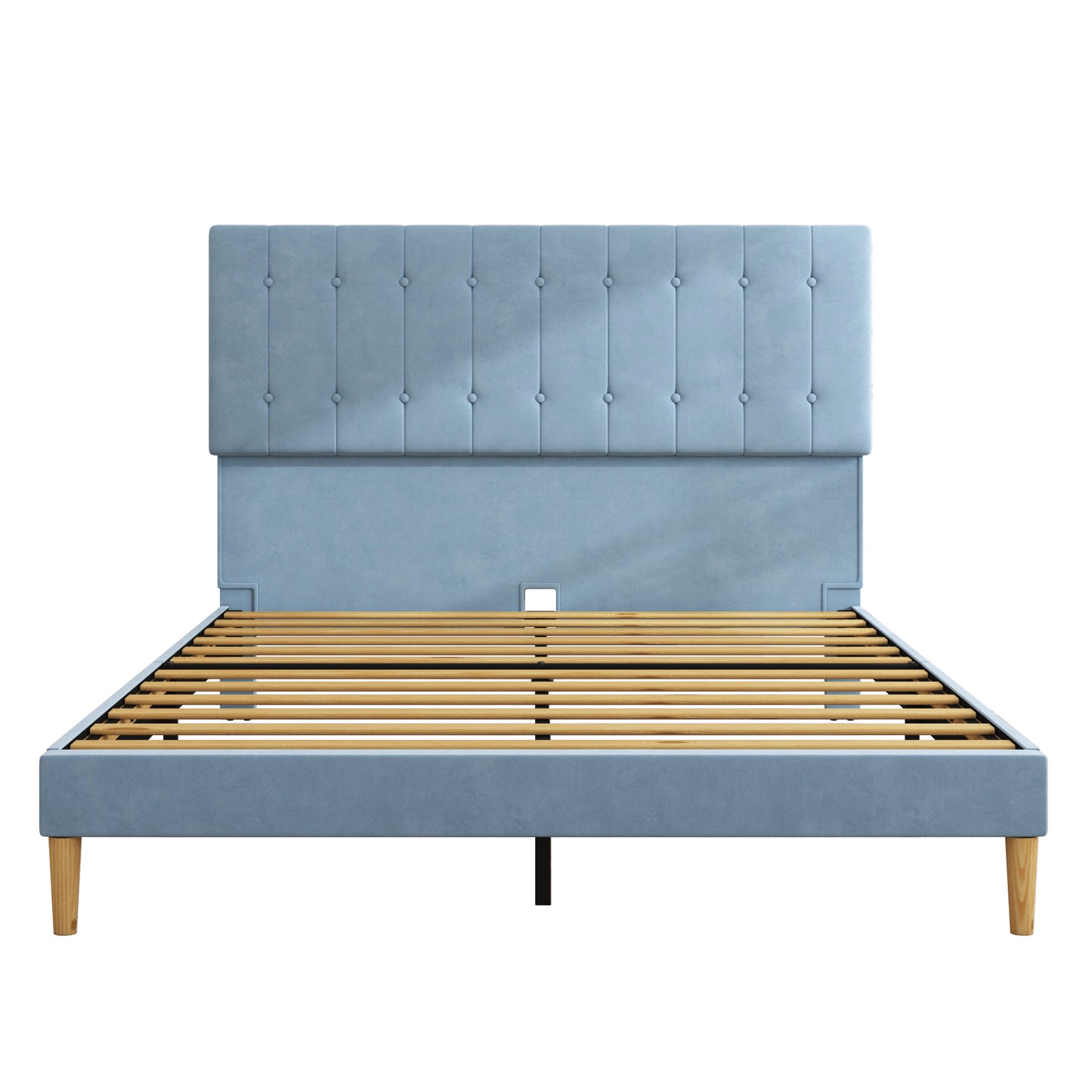 SYNGAR Blue Fabric Upholstered Platform Bed Frame Queen Size with Button Tufted Headboard, Mattress Foundation Metal Frame with Strong Wood Slat Support, No Box Spring Needed