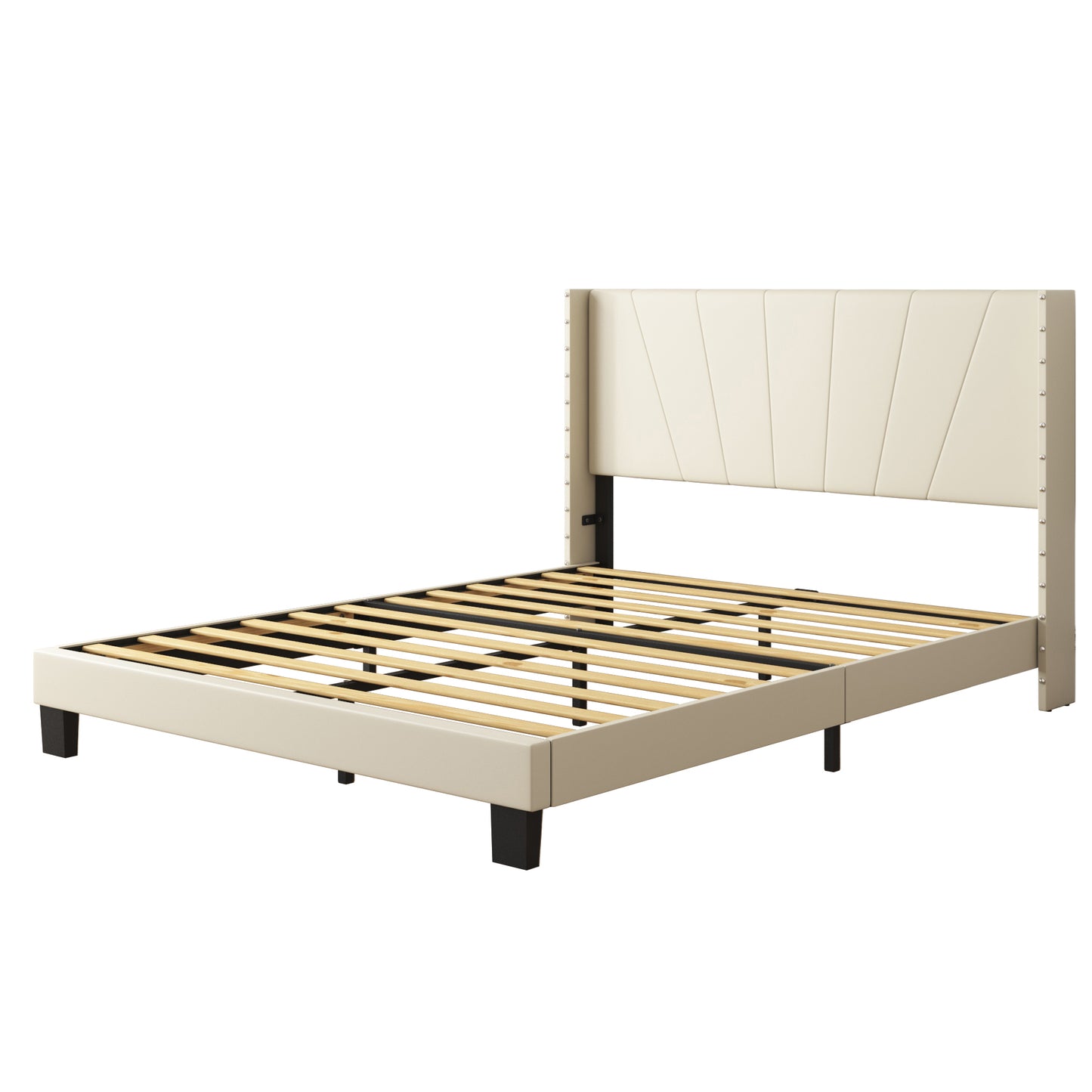 SYNGAR Beige Fabric Upholstered Platform Bed Frame Queen Size with Rivet Wingback Headboard, Mattress Foundation with Strong Wooden Slat Support for Kids Teens Adults, No Box Spring Needed