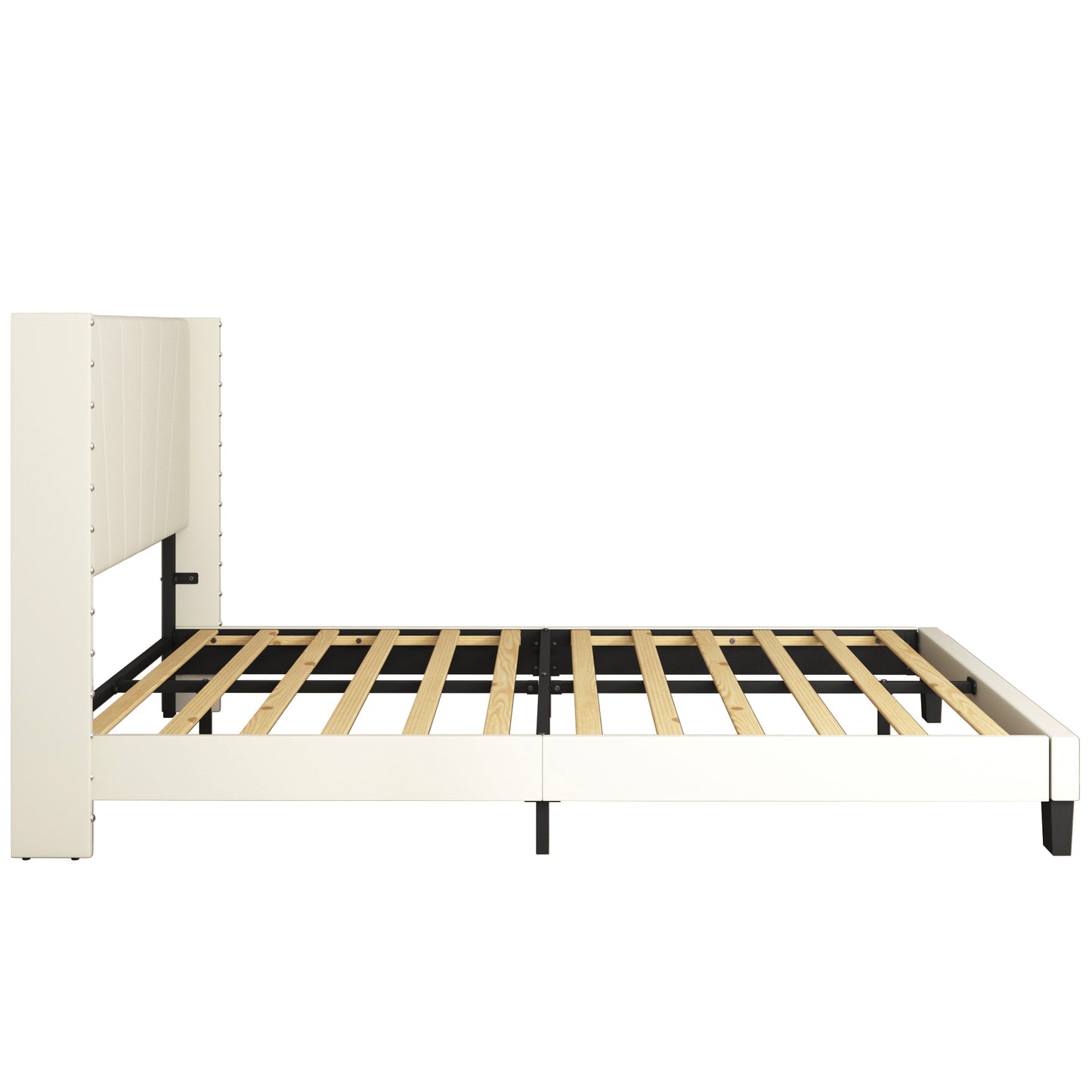 SYNGAR Beige Fabric Upholstered Platform Bed Frame Queen Size with Rivet Wingback Headboard, Mattress Foundation with Strong Wooden Slat Support for Kids Teens Adults, No Box Spring Needed