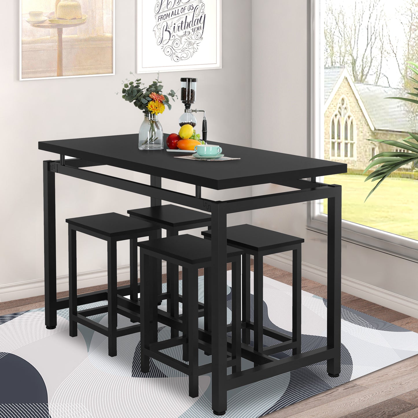 5 Piece Dining Table Set, Modern Pub Table Set with 4 Stools, Counter Height Bar Table Set, 4-Person Home Dining Table and Stools Set, Kitchen Table Set for Breakfast, Black, D6637