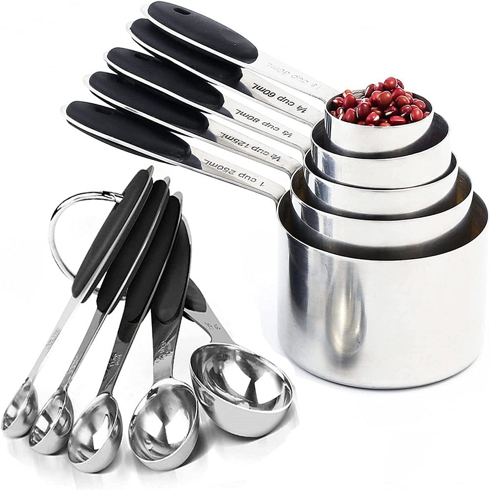 Stainless Steel Measuring Cups and Spoons Set, Stackable Metal Kitchen Tools & Gadgets for Dry/Wet Ingredients, Home Essentials, Measuring Cups for Baking, Cooking, Teaspoons Set, 10-Piece