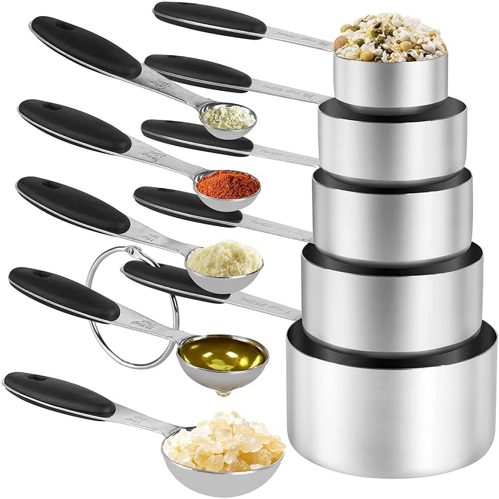 SYNGAR 10 Piece Measuring Cups and Measuring Spoon Set, Stainless Steel with Soft Touch Silicone Handles, Nesting Liquid Measuring Cup Set or Dry Measuring Cups Set, Silver and Black