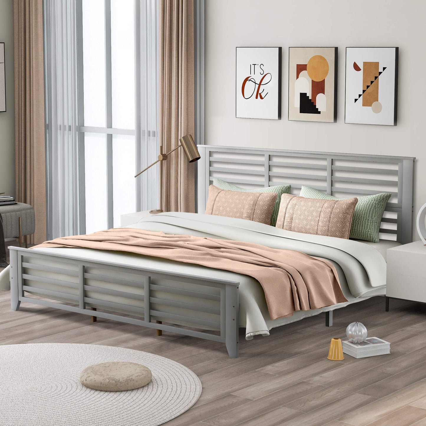 Syngar King Size Platform Bed with Headboard, Solid Wood Frame with Headboard, 500 Lbs. Weight Capacity, White, LJ2093