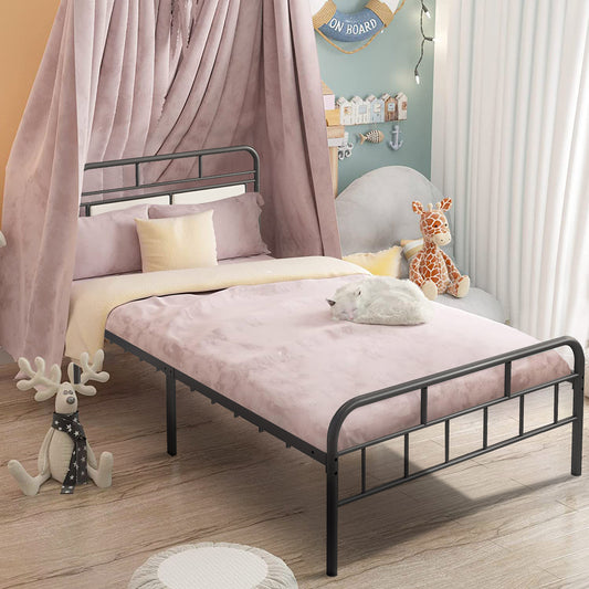 SYNGAR Black Iron Platform Bed Frame Twin Size with Upholstered Headboard, Footboard, Metal Twin Bed Frame Mattress Foundation with 400LBS Load Capacity, No Box Spring Needed, Easy Assembly