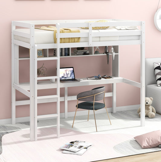 Loft Bed with Desk for Kids, Solid Pine Wood Twin Loft Bunk Bed Frame with Ladder and Built-in Desk for Boys Girls Teens Adults, No Box Spring Needed, White, LJ647