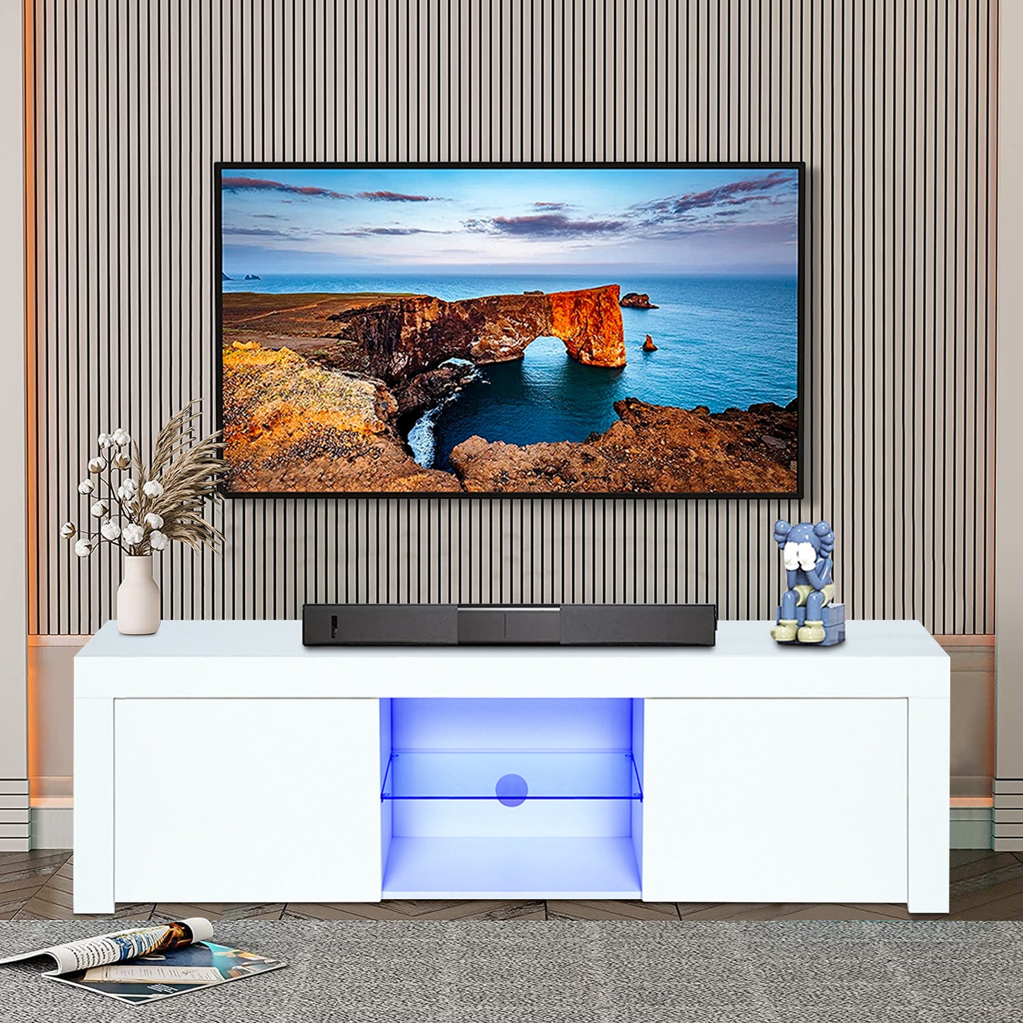 Modern TV Stand for TV up to 65 inch, TV Console Table with 16-Color LED Lights, White, 59"×14"×18"
