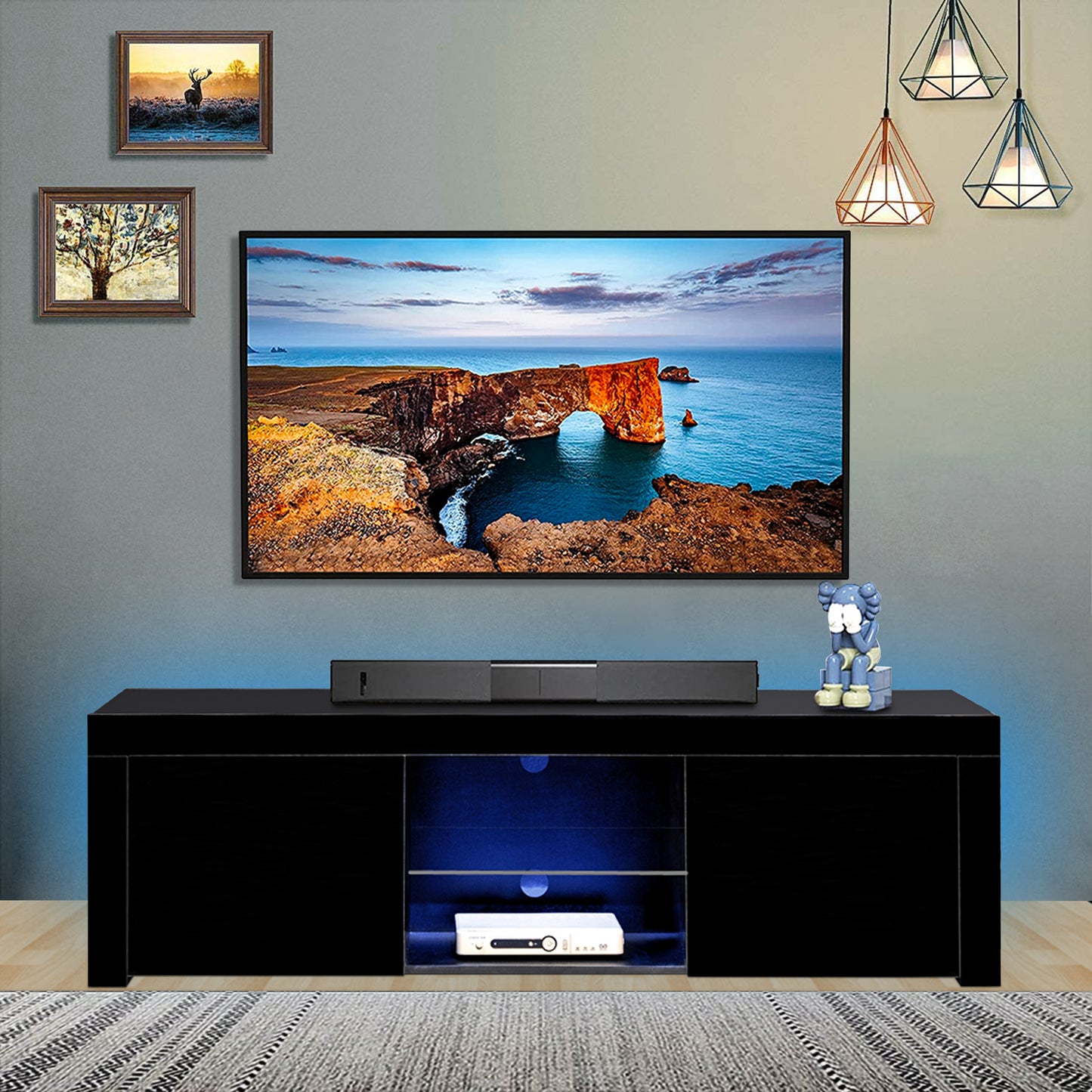 Modern TV Stand for TV up to 65 inch, TV Console Table with 16-Color LED Lights, White, 59"×14"×18"