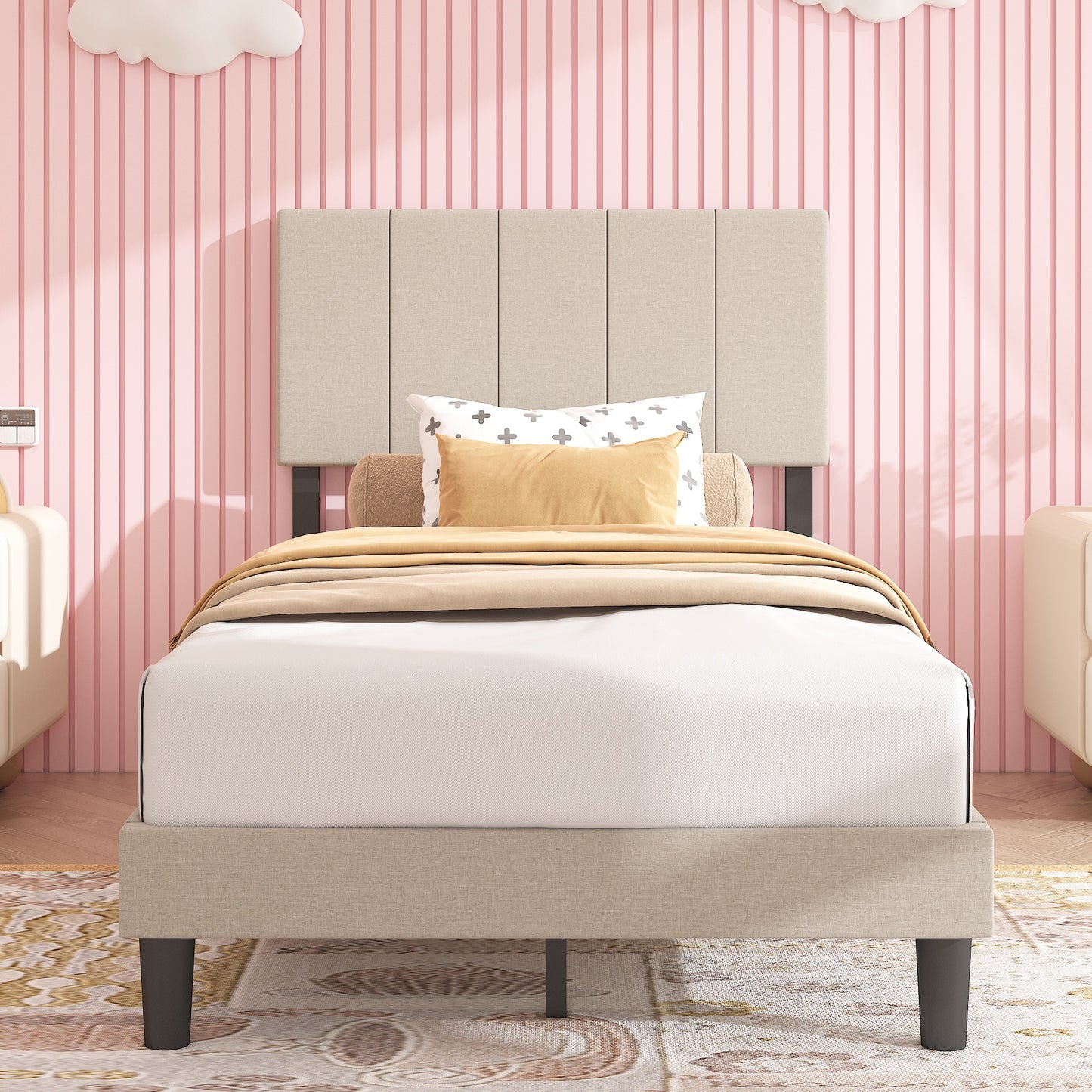 SYNGAR Twin Platform Bed Frame with Upholstered Velvet Velvet Tufted Headboard, Sturdy Frame Bedroom Furniture with Wooden Slat Support, Gray