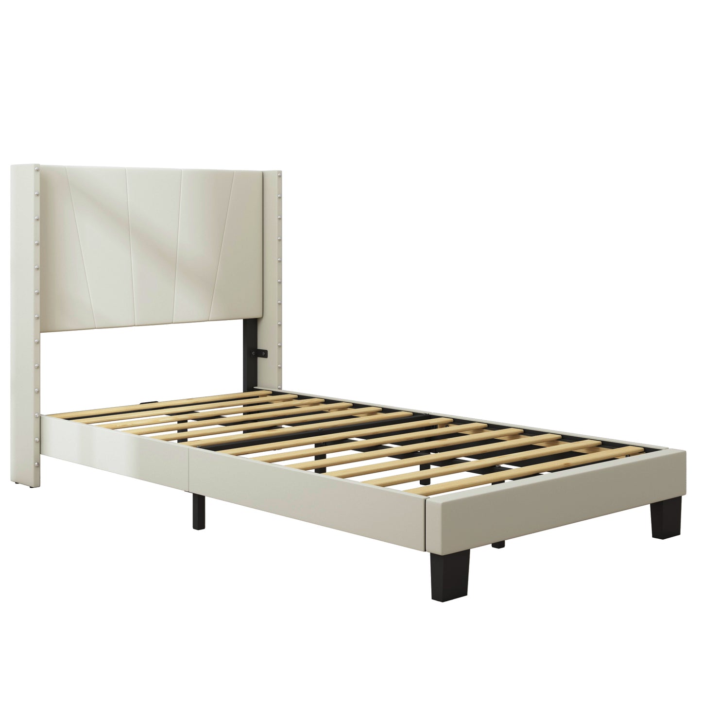 SYNGAR Twin Size Fabric Fully Upholstered Platform Bed Frame with Rivet Wingback Headboard, Sturdy Metal Frame, Strong Wooden Slats, No Box Spring Needed, Easy Assembly, Beige