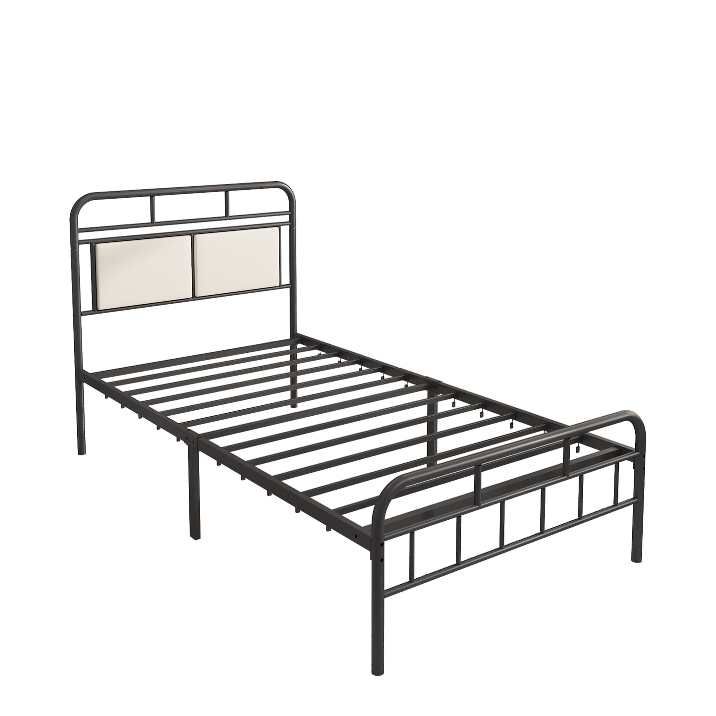 SYNGAR Black Iron Platform Bed Frame Twin Size with Upholstered Headboard, Footboard, Metal Twin Bed Frame Mattress Foundation with 400LBS Load Capacity, No Box Spring Needed, Easy Assembly