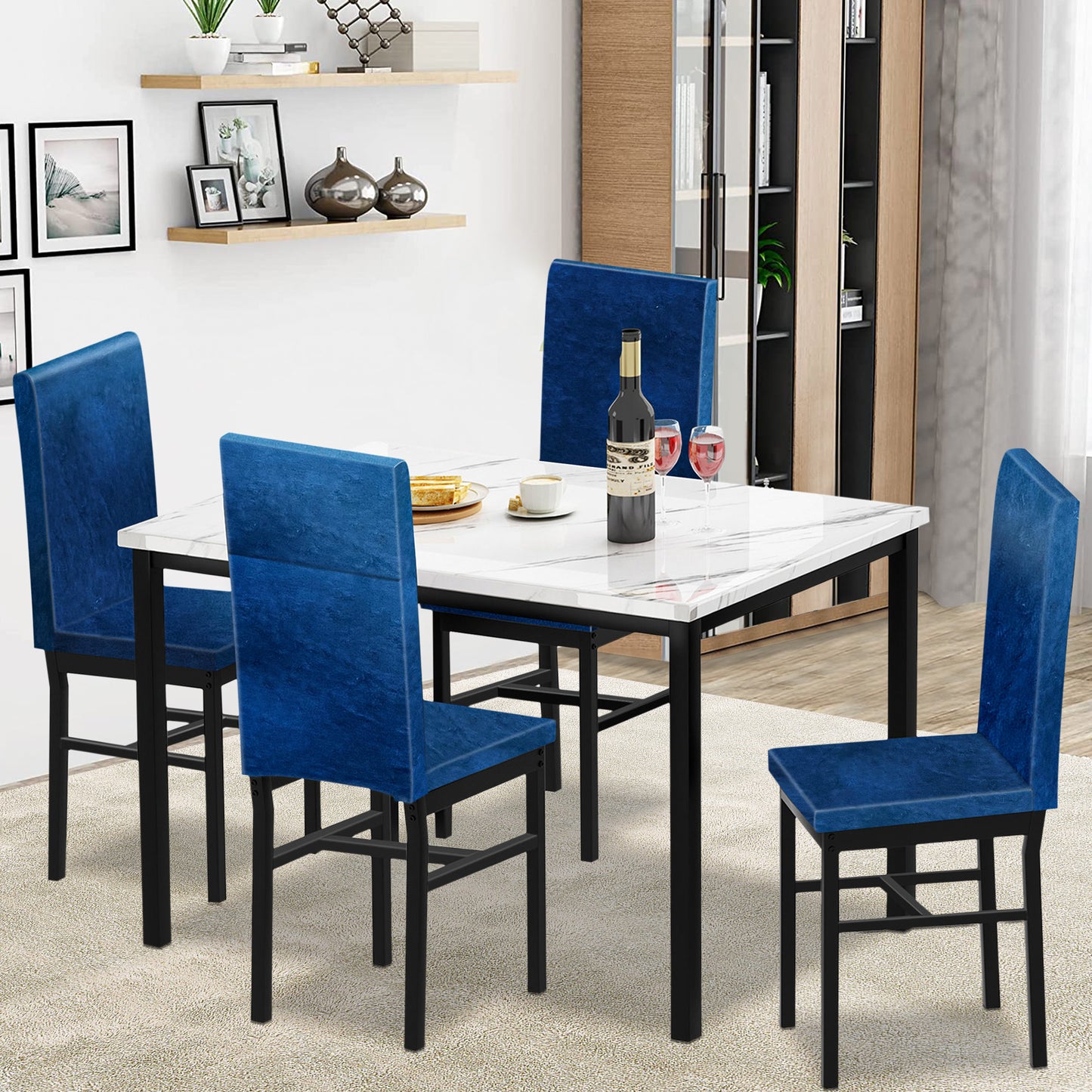 Modern Dining Table Set for 4, Faux Marble Table and PU Leather Upholstered Chairs Set, 5 Piece Kitchen Dining Set, Dining Table and Chairs Set for Small Space, Breakfast Nook, White, D8527