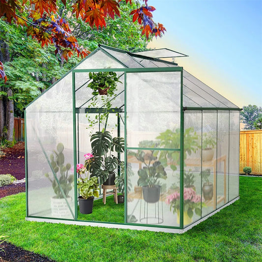 8' x 6' Outdoor Greenhouse with Sliding Door, Walk-in Polycarbonate Garden Greenhouse with Adjustable Roof Vent and Rain Gutter for Plants in Winter, Greenhouse with Stable Metal Frame, D6352