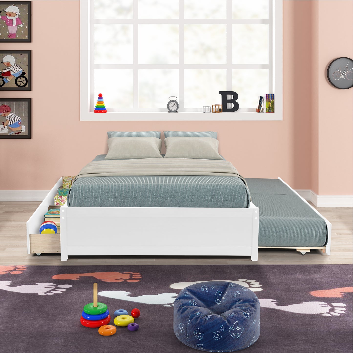 SYNGAR Bed Frame with Storage, Full Platform Bed with Trundle and 2 Storage Drawers for Kids Teens Adult, Espresso, LJ2561