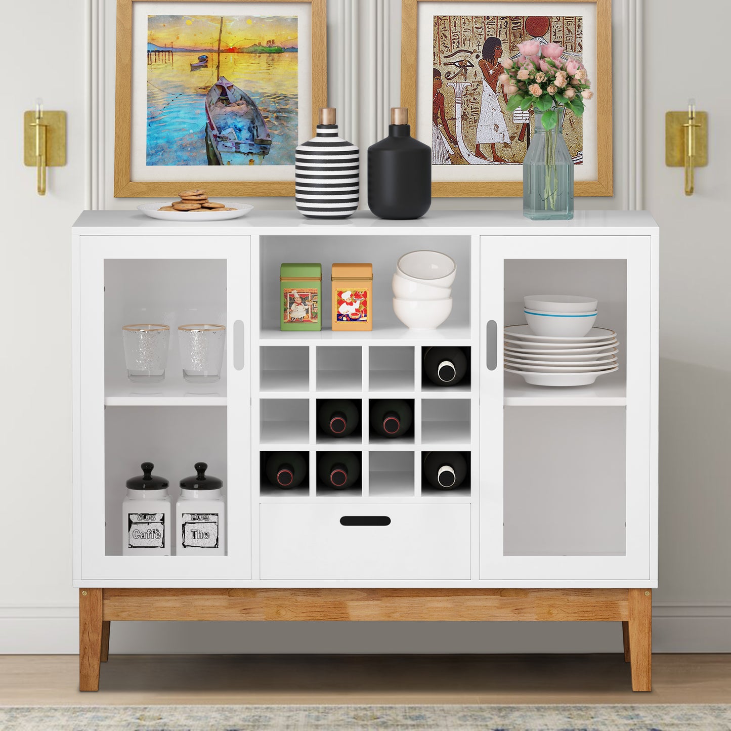SYNGAR White Buffet Cabinet, Wood Sideboard Storage Cabinet with drawers and wine shelf for Living Room Dining Room Kitchen