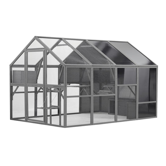 Syngar Luxury Wood Cat Cage, Outdoor Extra Large Wooden Catio Enclosure with Bouncy Bridge, Platforms, Small Houses, Seating and Sunshine Panel, Walk in Cat Run House for Multiple Pets - 108.7", Gray