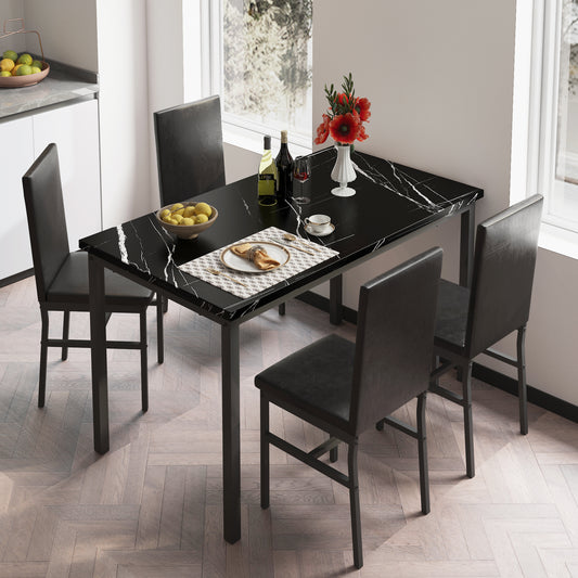 5 Piece Dining Set, Modern Dining Table and Chairs Set for 4, Kitchen Dining Table Set with Faux Marble Tabletop and 4 PU Leather Upholstered Chairs, for Small Space, Breakfast Nook, D8913