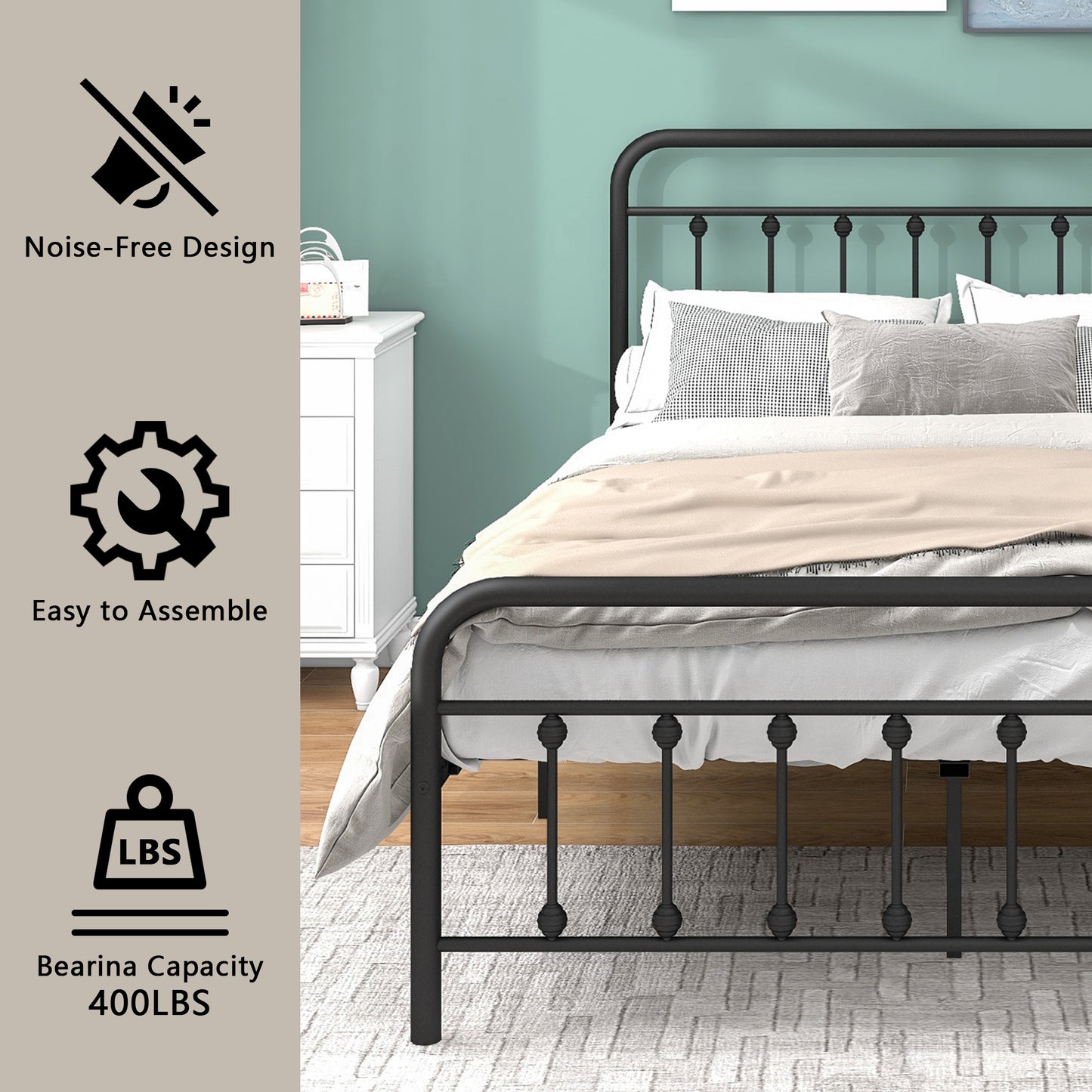 SYNGAR Platform Bed Frame Full Size with Vintage Headboard and Footboard, New Upgraded Metal Legs Support, No Box Spring Needed, Heavy Duty Steel Full Bed Frame with 500LBS Weight Capacity, Black