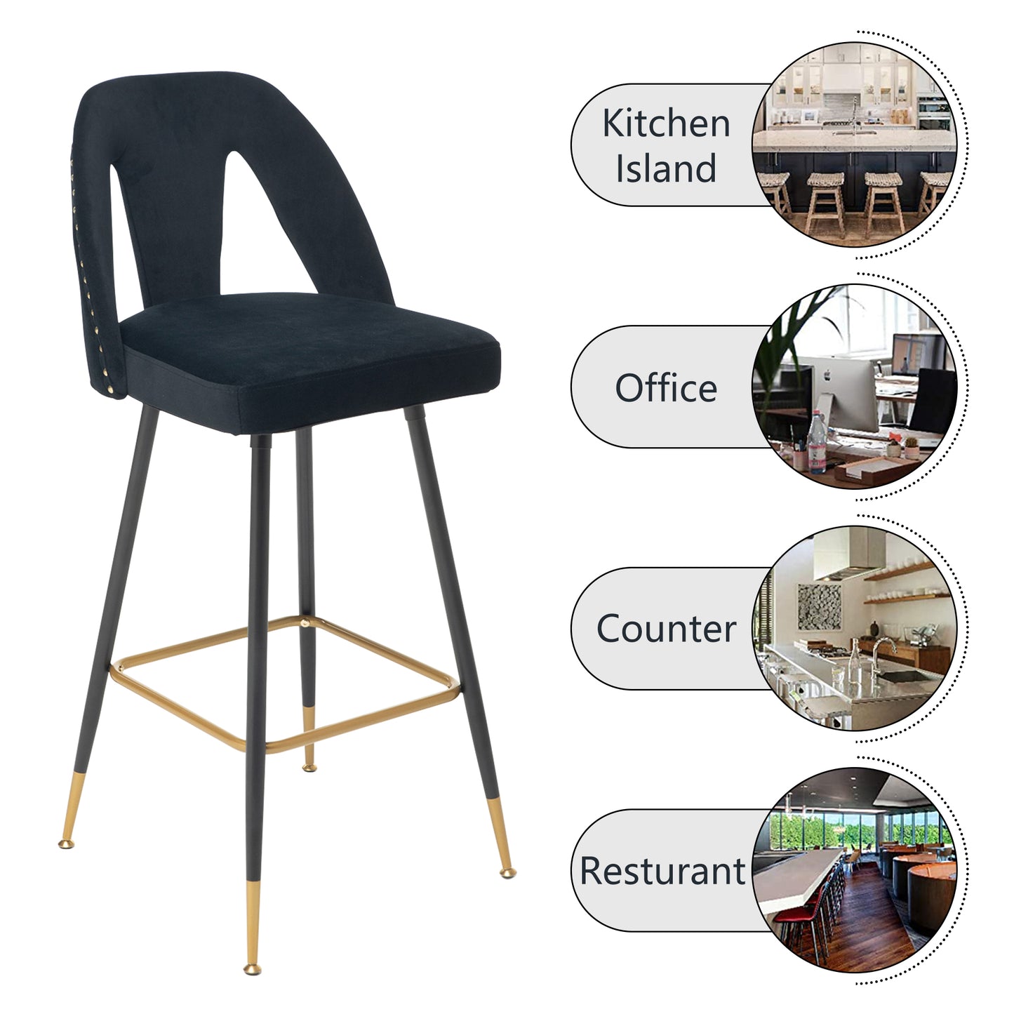 SYNGAR Modern Bar Chairs Set of 2, Contemporary Velvet Upholstered Bar Stools Tool and Counter Stools with Nailheads and Gold Tipped Black Metal Legs, Black Leisure Style Bar Chairs, Black