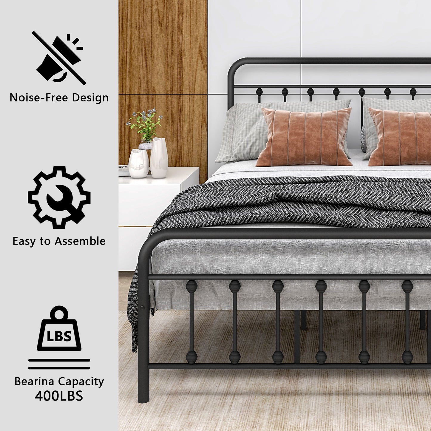 SYNGAR Iron Platform Bed Frame Queen Size with Vintage Headboard and Footboard, Metal Queen Bed Frame Mattress Foundation with Strong Steel Slat Support, Black