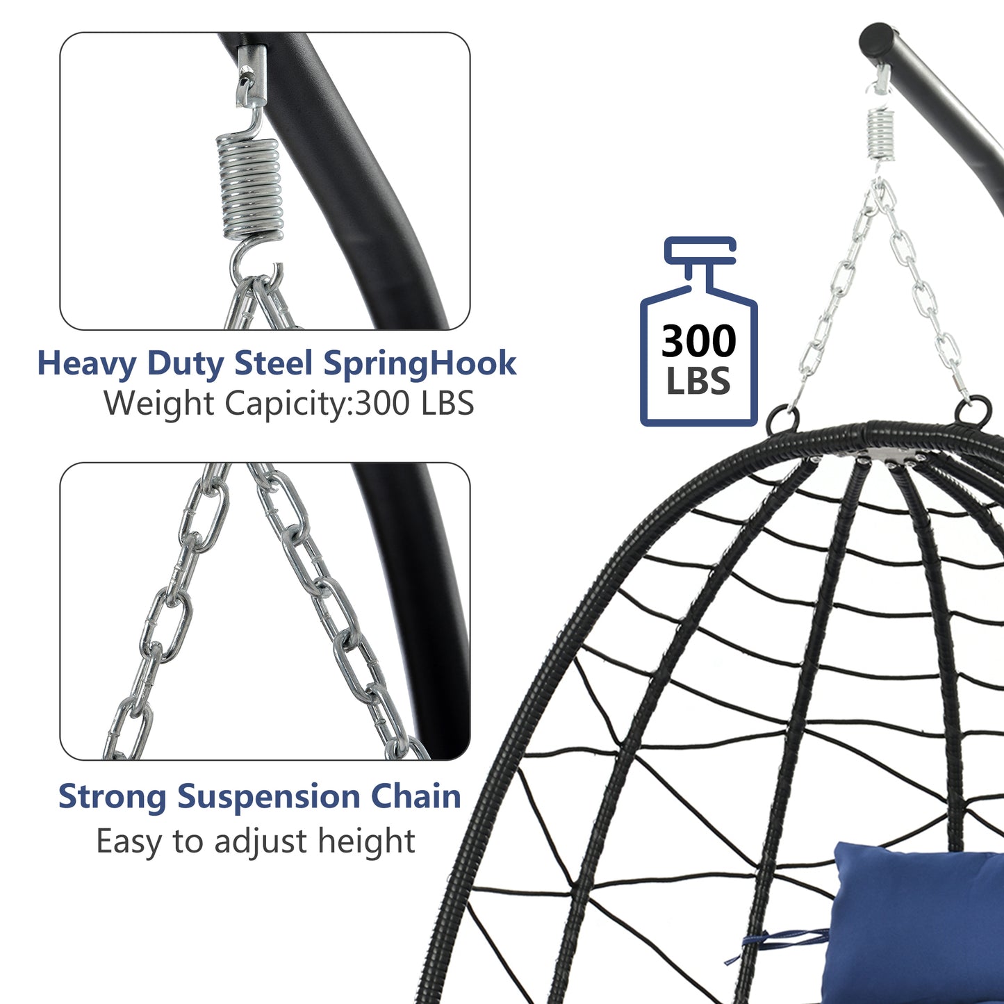 SYNGAR 2 Piece Indoor Outdoor Patio Wicker Hanging Chairs, Swing Hammock Egg Chairs Waterproof Cushions with Steel Frame, 300lbs Capacity for Patio Balcony Bedroom Living Room, Navy Blue
