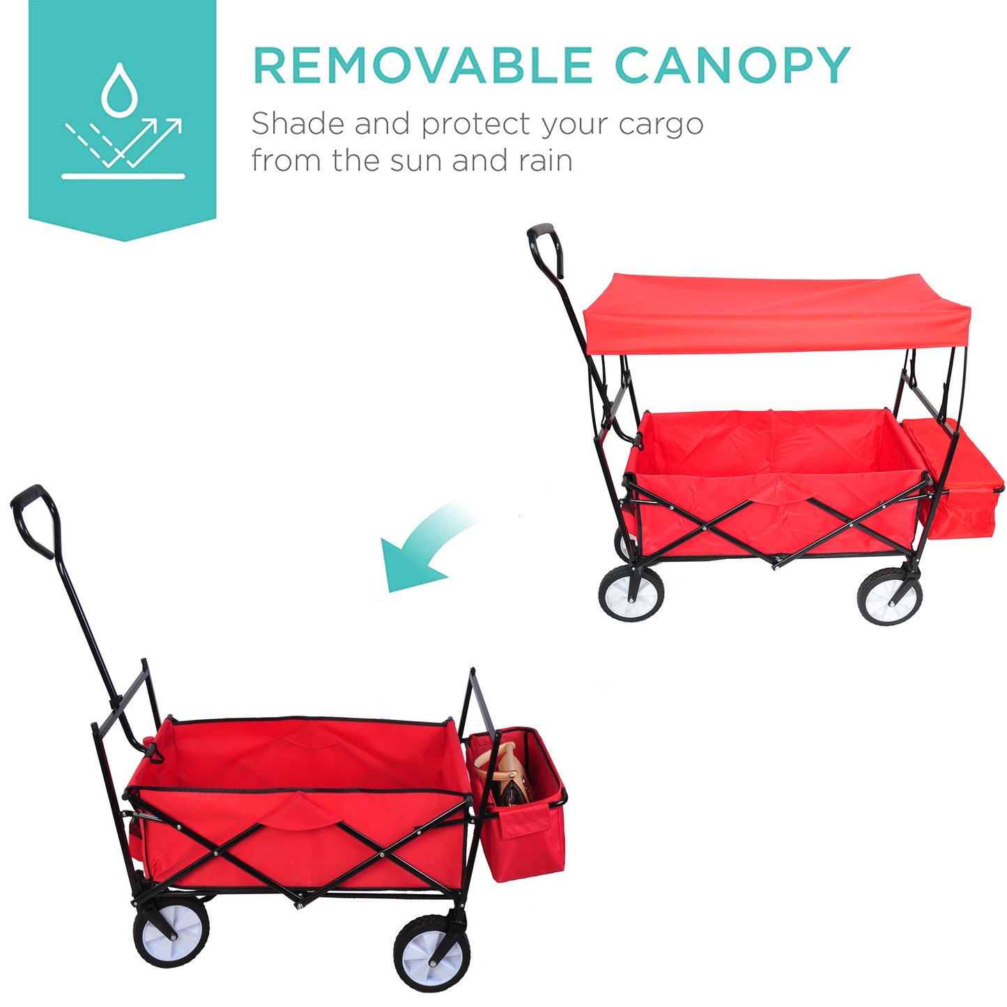 Utility Folding Wagon Cart with Canopy, Max 150 lbs, Heavy Duty Collapsible Trolley Cart with All-terrain Wheels, Outdoor Push & Pull Wagon Cart for Garden, Camping, Beach, C28