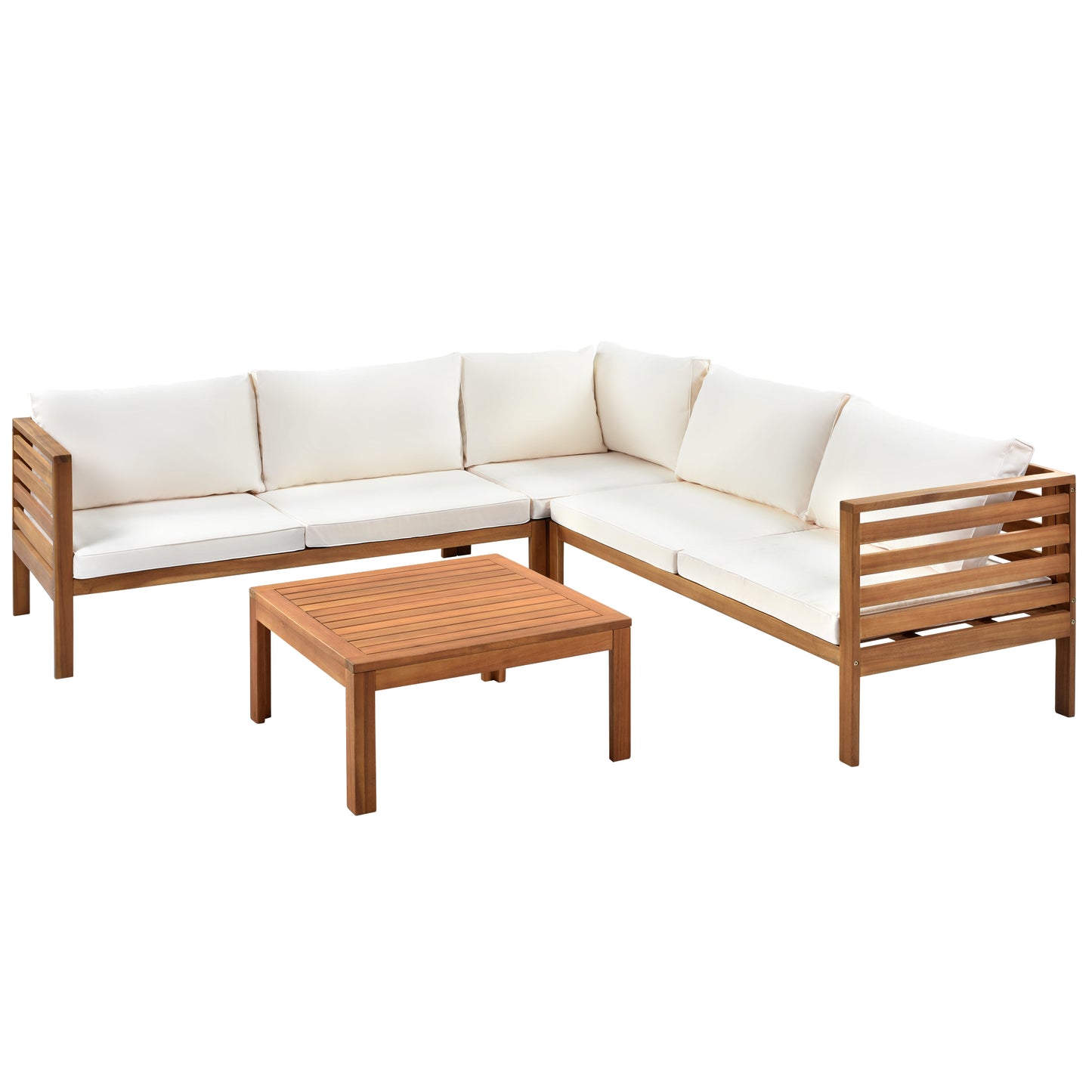 SYNGAR 4 Piece Wood Patio Furniture Set, Outdoor Seating Chat Set with Beige Cushions, Sectional Conversation Sofa Chairs Set with Coffee Table, for Balcony, Backyard, Poolside, Deck, Garden, D7488