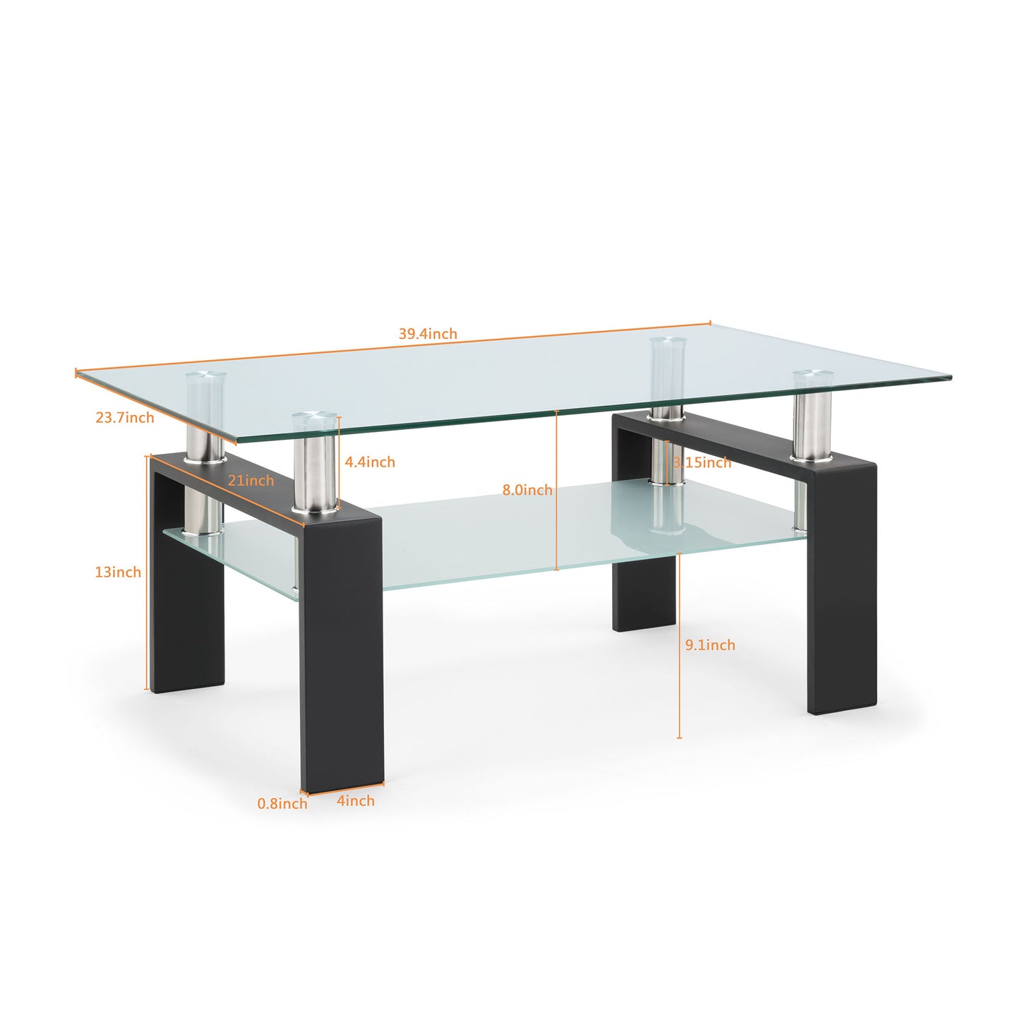 Rectangle Glass Coffee Table, Modern Side Center Table with Shelf & Metal Legs, Mid-Century Tempered Glass Top Tea Table for Living Room, Home Furniture Cocktail Coffee Table - Clear, B1263