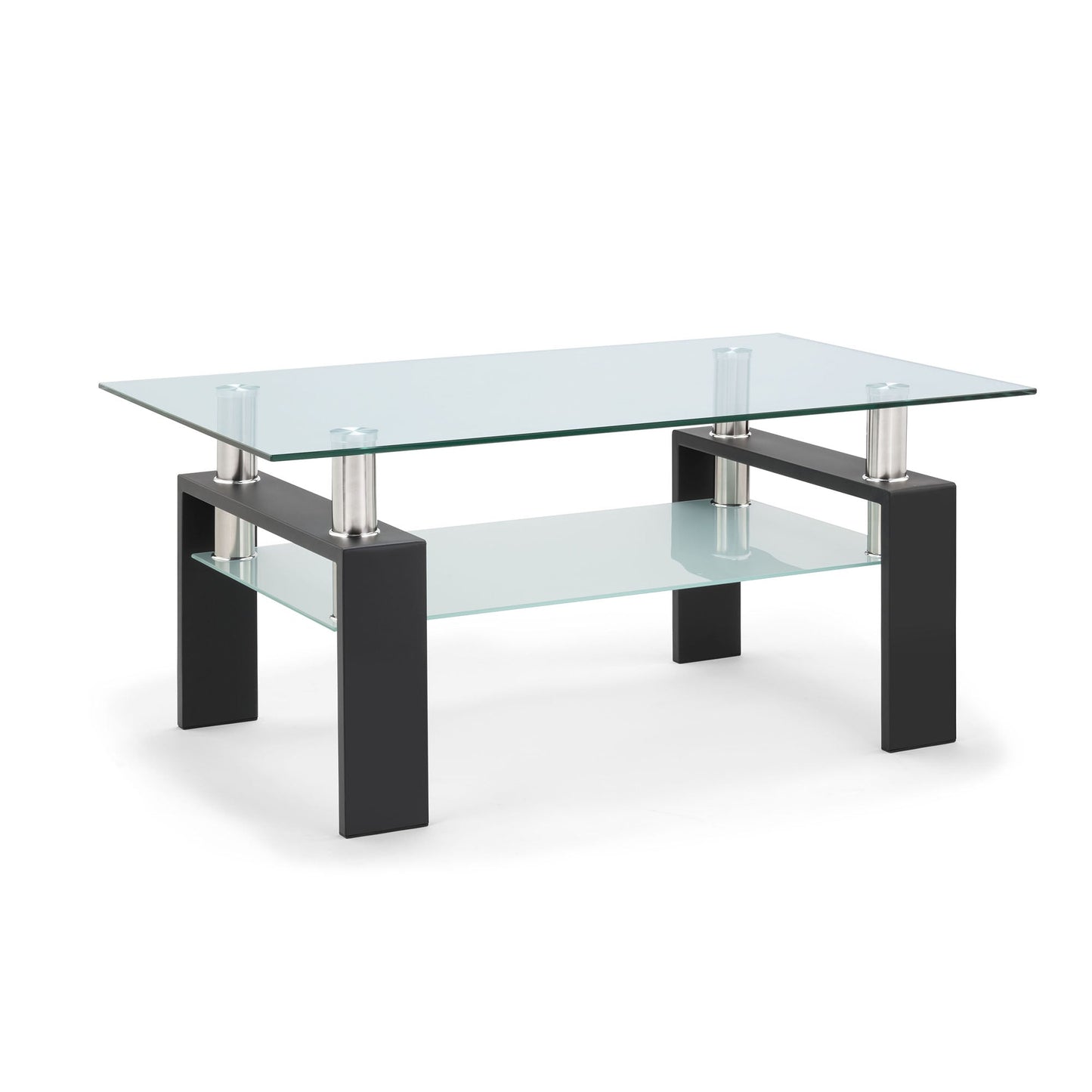 Rectangle, Modern Side Center Table with Shelf & Metal Legs, Mid-Century Tempered Glass Top Tea Table for Living Room, Home Furniture Cocktail Coffee Table - Clear, B1263