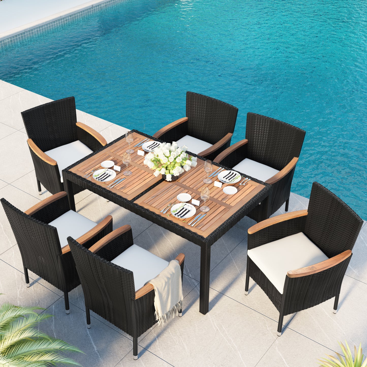 SYNGAR 7 Piece Outdoor Dining Set, All Weather PE Wicker Dining Table Set, Patio Rattan Furniture Set with Rectangular Acacia Wood Table and 6 Cushioned Chairs, for Backyard, Poolside, Balcony, D7335