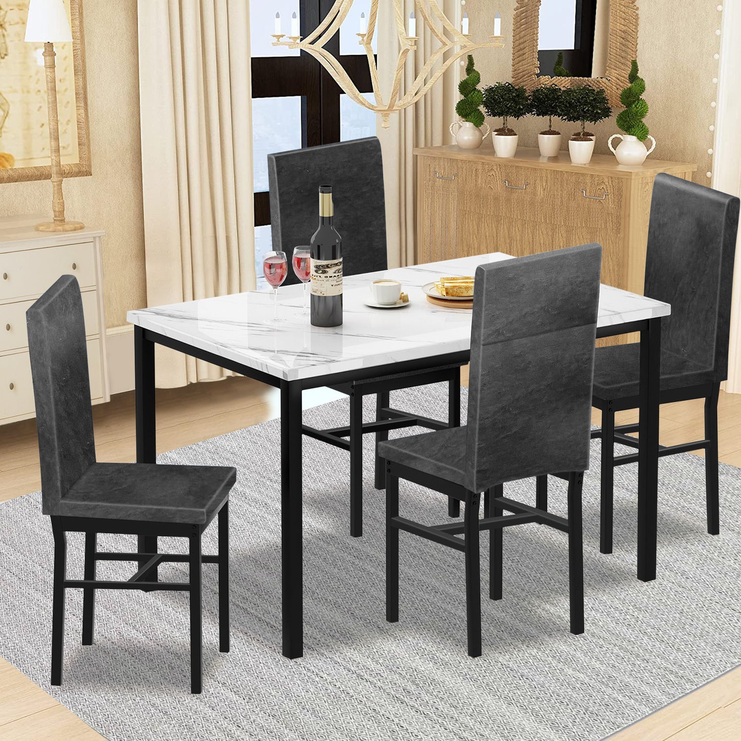 SYNGAR 5 Piece Dining Table Set, Kitchen Dining Table and Chairs Set for 4, Modern Marble Table and 4 PU Leather Upholstered Chairs, Home Dining Set for Small Space, Breakfast Nook, White, D8530