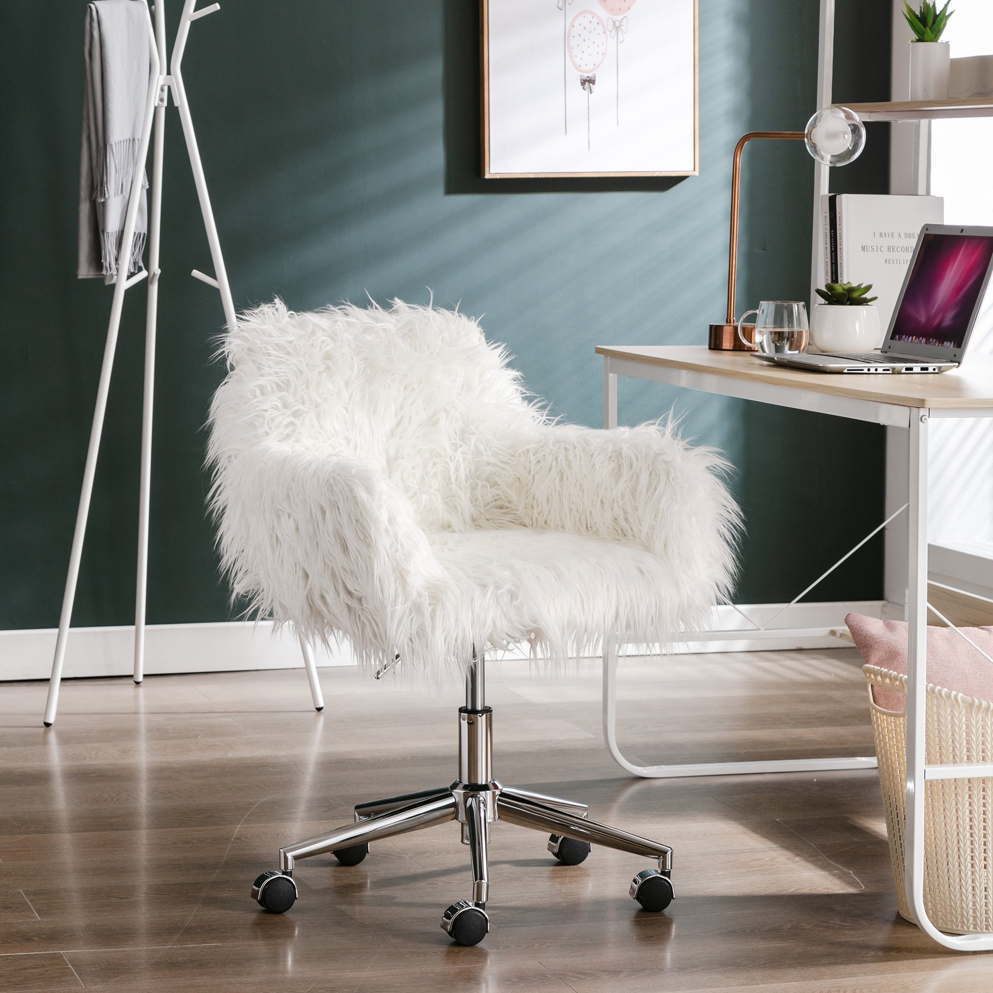 Office Chair, Fluffy Upholstered Desk Chair with Adjustable Height, 36 ...