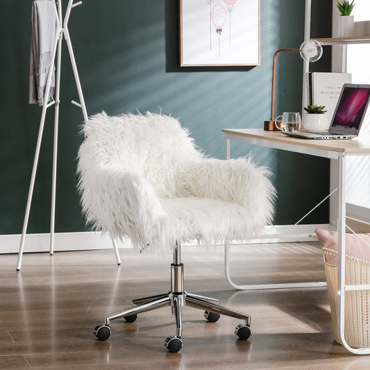 Office Chair, Fluffy Upholstered Desk Chair with Adjustable Height, 360 Degree Swivel and Metal Frame, Faux Fur Plush Seat and Back, Modern Office Computer Chair for Home Office, White, C20