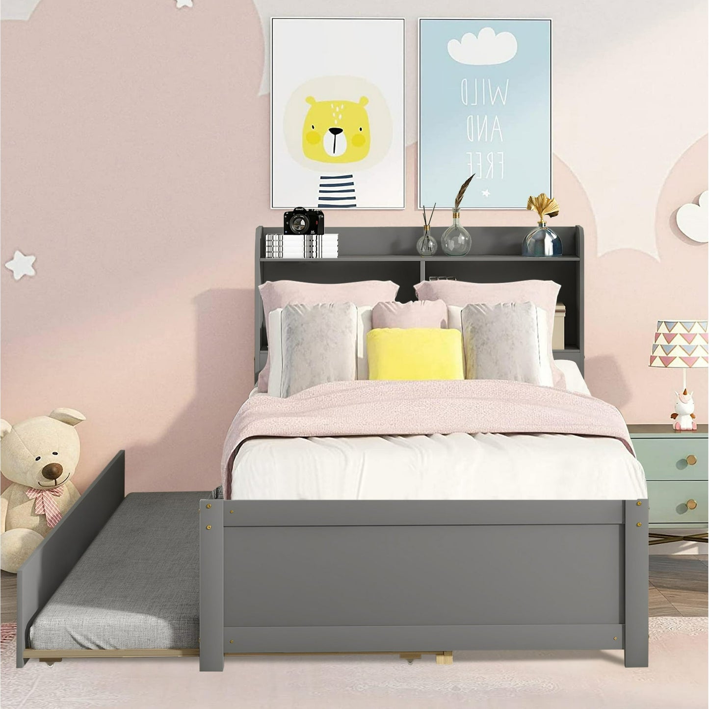 SYNGAR Twin Bed Frame with Trundle Included, Solid Pine Wood Platform Bed Frame for Kids Teens Adults, Gray, LJ724
