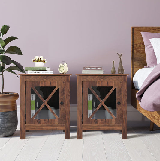 SYNGAR Walnut Farmhouse Nightstand Set of 2, Rustic Side Table End Table with Storage Drawer and Door for Bedroom Living Room