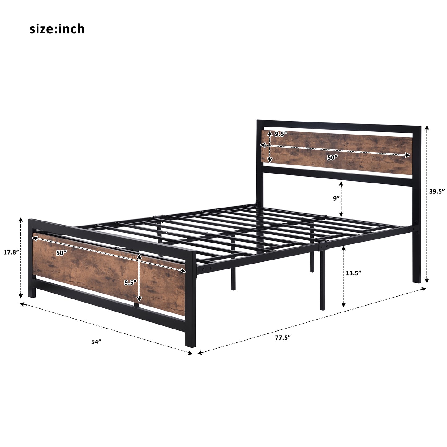 Full Size Bed Frame for Teens Kids, Industrial Platform Bed Frame with Sturdy Metal Slats, No Box Spring Needed, Black, LJ919