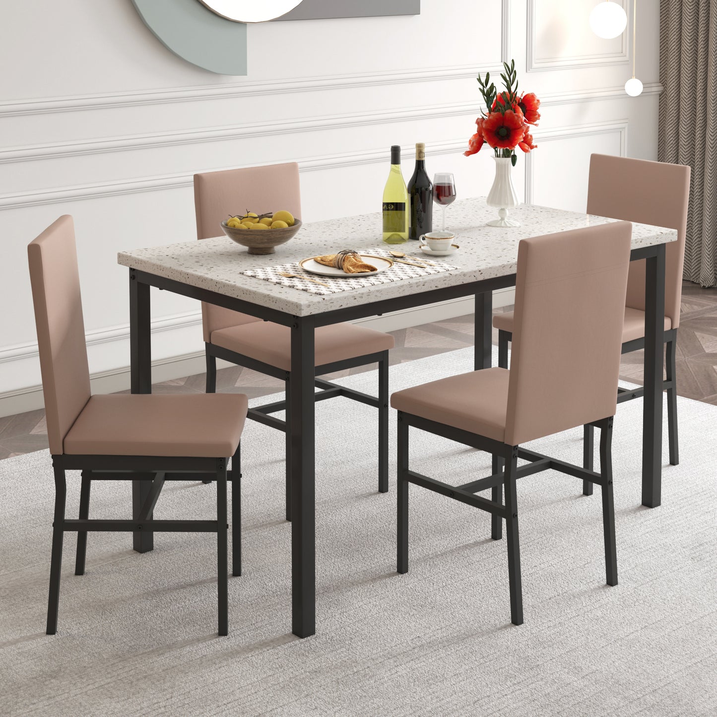 Modern Dining Table Set for 6, Faux Marble Table and PU Leather Upholstered Chairs Set, 7 Piece Kitchen Dining Set, Dining Table and Chairs Set for Small Space, Breakfast Nook, D9207
