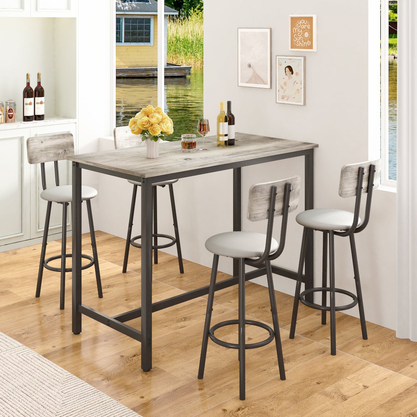 Modern Bar Table Set, Kitchen Table and Chairs for 4, 5 Piece Counter Height Dining Set with 4 Cushioned Stools, Extra Long Bistro Pub Table Set, Breakfast Dining Table Set, Gray