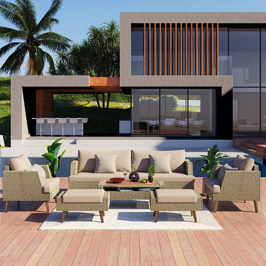 Syngar 6 Piece Patio Furniture Set, Outdoor Sectional Sofa Set with Ottomans, Coffee Table and Brown Cushions, All Weather Brown PE Wicker Conversation Chairs Set for Yard Balcony Poolside Deck