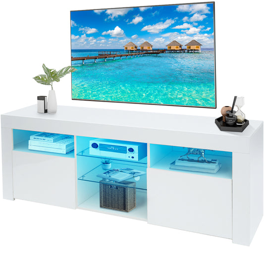 SYNGAR White TV Stand for 65 inch TV, Modern High Glossy TV Console Table Stand with 16 Colors LED Lights, Living Room TV Table Stand Buffet Cabinet with Storage, 58"L×14" W×21"H