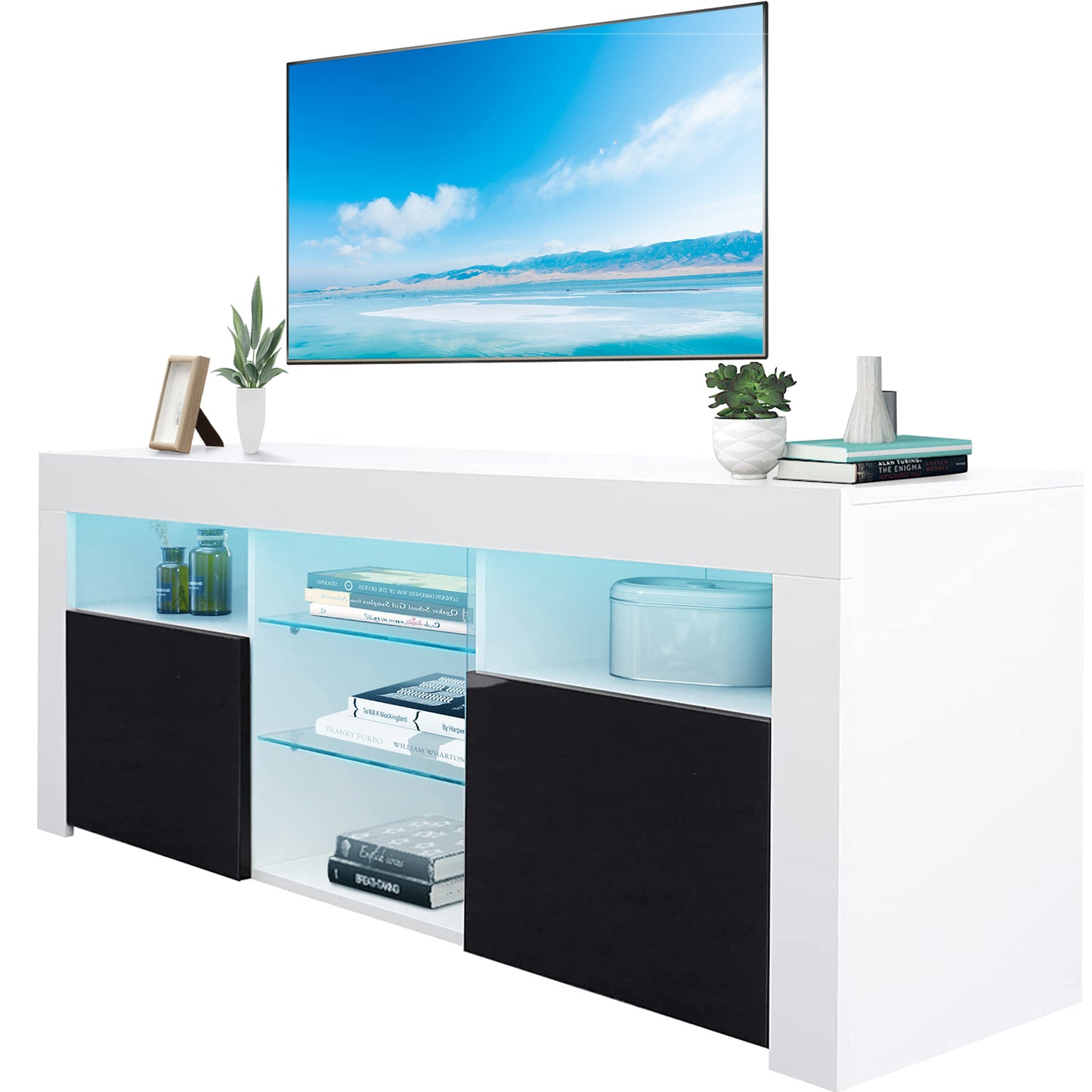 SYNGAR Black TV Stand for 55 inch TV, Modern High Glossy TV Console Table Stand with 16 Colors LED Lights, Living Room TV Table Stand Buffet Cabinet with Storage, 47"L×16" W×16" H