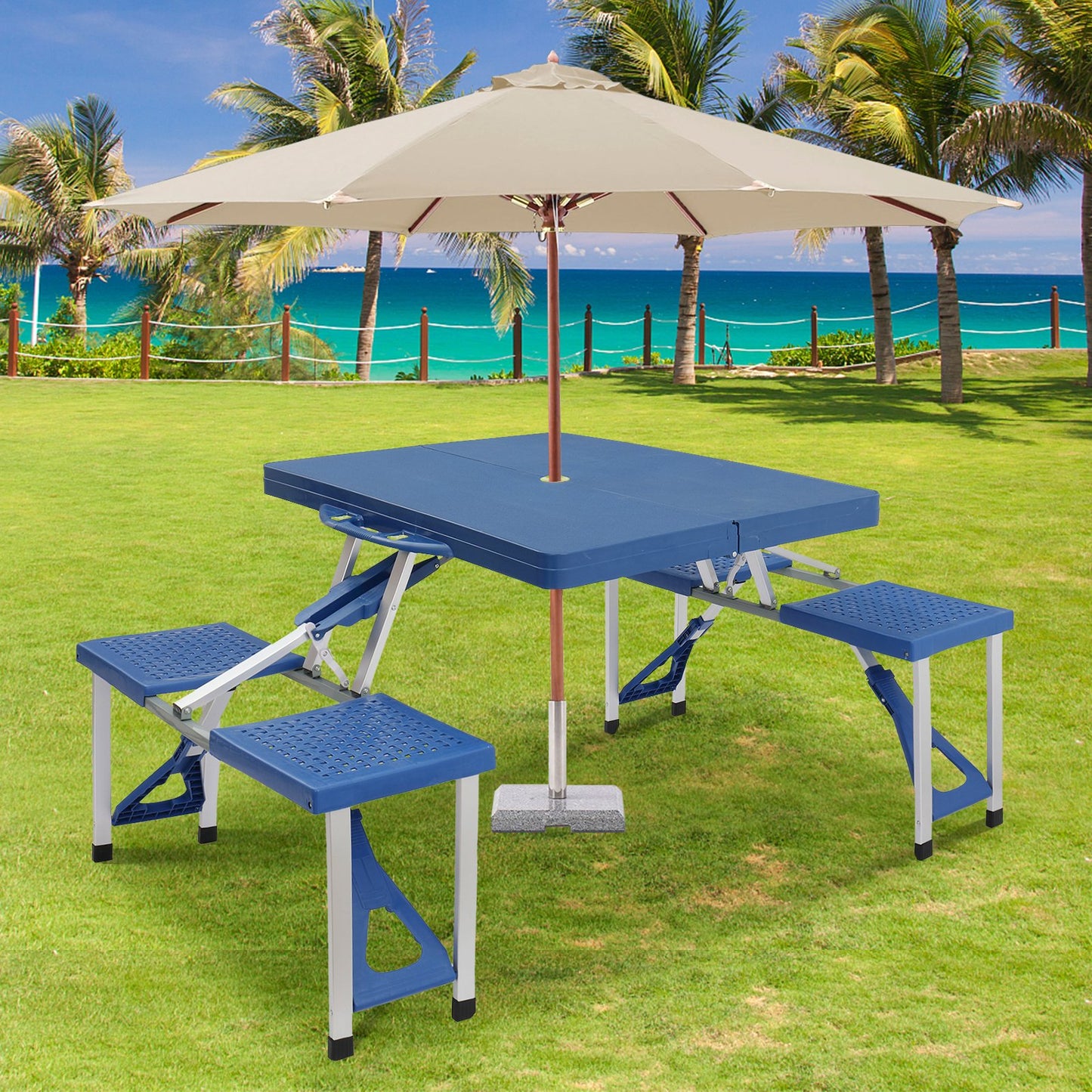 Picnic Table Foldable with Table and Chairs, Umbrella Hole, Outdoor Table and Chair Set with 4 Seaters for Barbecue, Travel, Camping